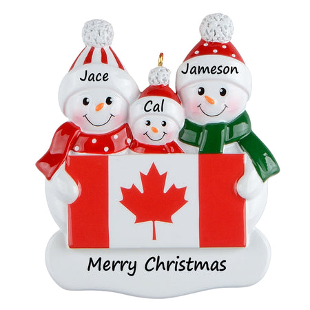 Personalized Canadian Flag Snowman Family of 3 Christmas Ornament