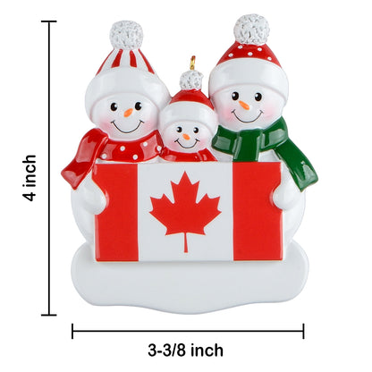 Personalized Canadian Flag Snowman Family of 3 Christmas Ornament