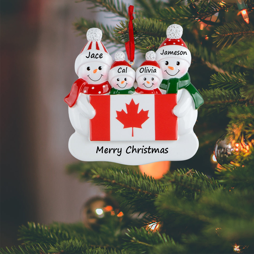 Personalized Canadian Flag Snowman Family of 4 Christmas Ornament