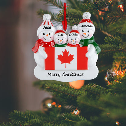 Personalized Canadian Flag Snowman Family of 4 Christmas Ornament