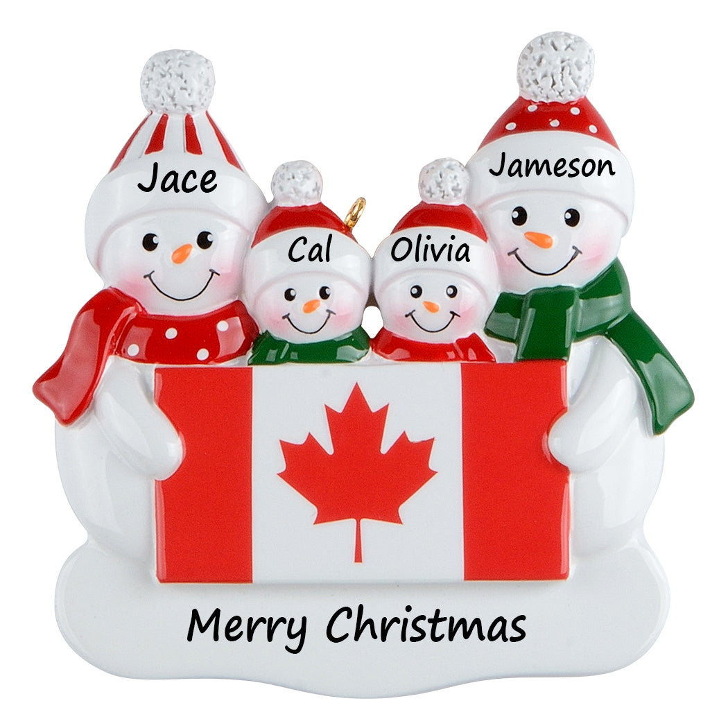 Personalized Canadian Flag Snowman Family of 4 Christmas Ornament