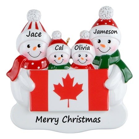 Personalized Canadian Flag Snowman Family of 4 Christmas Ornament