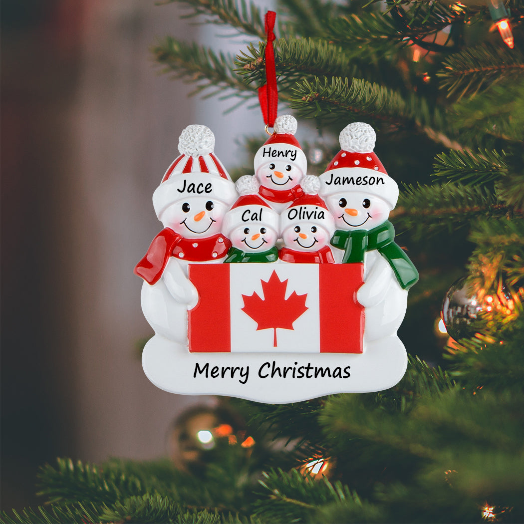 Personalized Canadian Flag Snowman Family of 5 Christmas Ornament