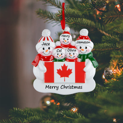 Personalized Canadian Flag Snowman Family of 5 Christmas Ornament