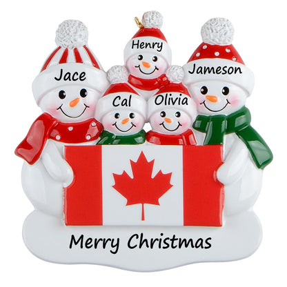 Personalized Canadian Flag Snowman Family of 5 Christmas Ornament