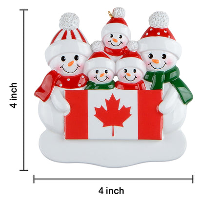 Personalized Canadian Flag Snowman Family of 5 Christmas Ornament