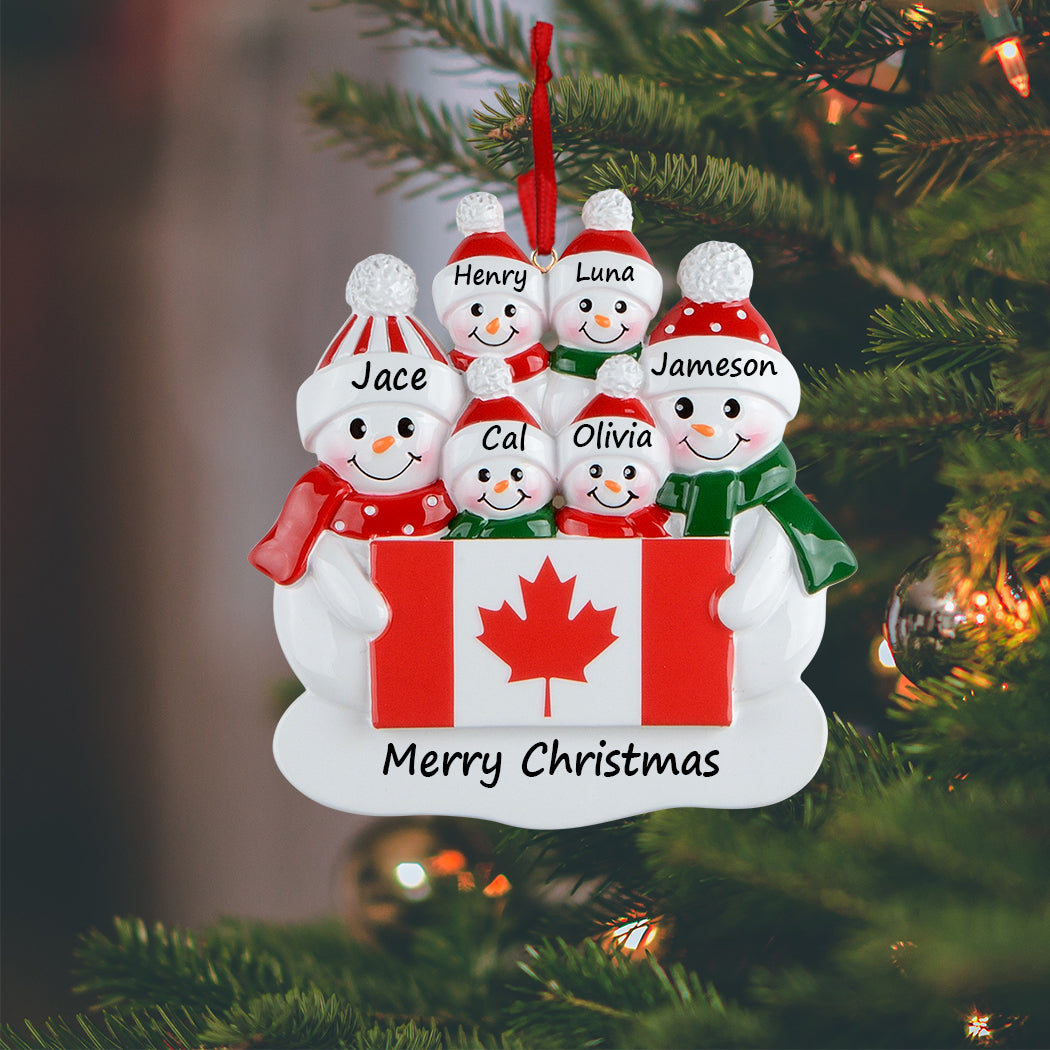 Personalized Canadian Flag Snowman Family of 6 Christmas Ornament