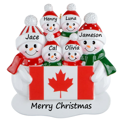 Personalized Canadian Flag Snowman Family of 6 Christmas Ornament