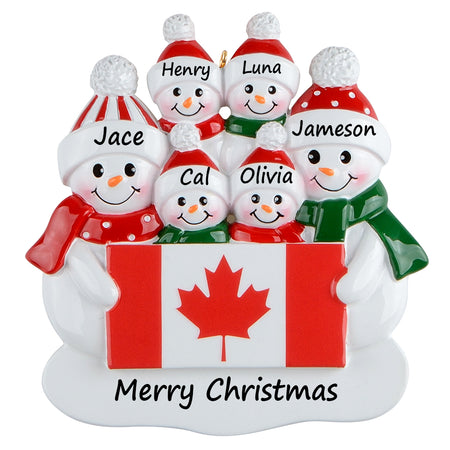 Personalized Canadian Flag Snowman Family of 6 Christmas Ornament