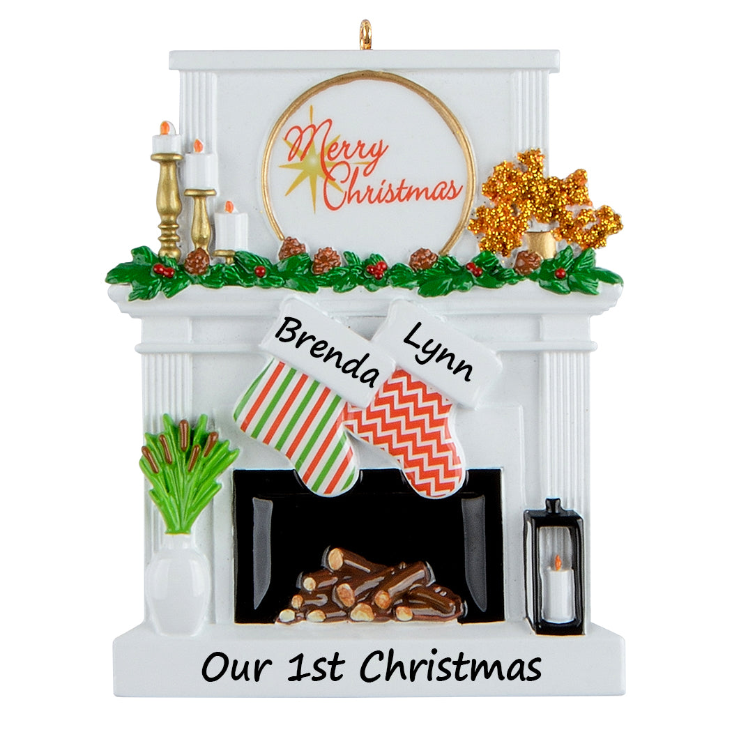 Personalized Candle Fireplace Stocking Family of 2 Christmas Ornament