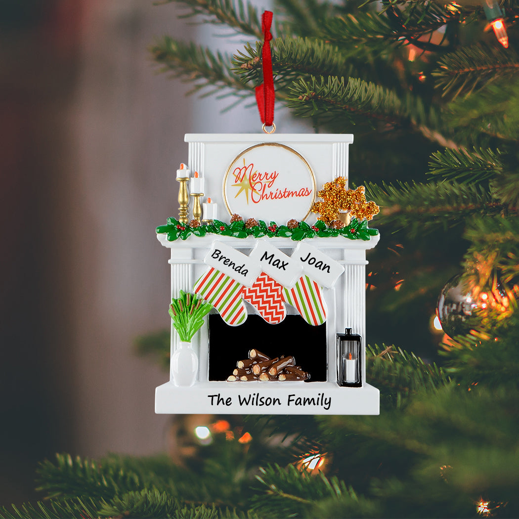 Personalized Candle Fireplace Stocking Family of 3 Christmas Ornament