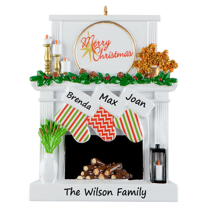 Personalized Candle Fireplace Stocking Family of 3 Christmas Ornament