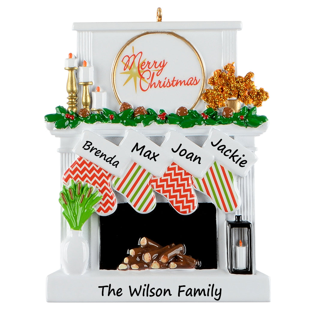 Personalized Candle Fireplace Stocking Family of 4 Christmas Ornament