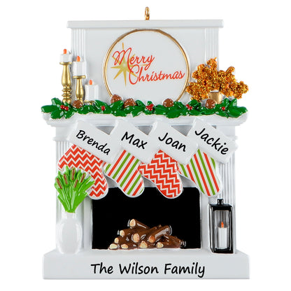 Personalized Candle Fireplace Stocking Family of 4 Christmas Ornament