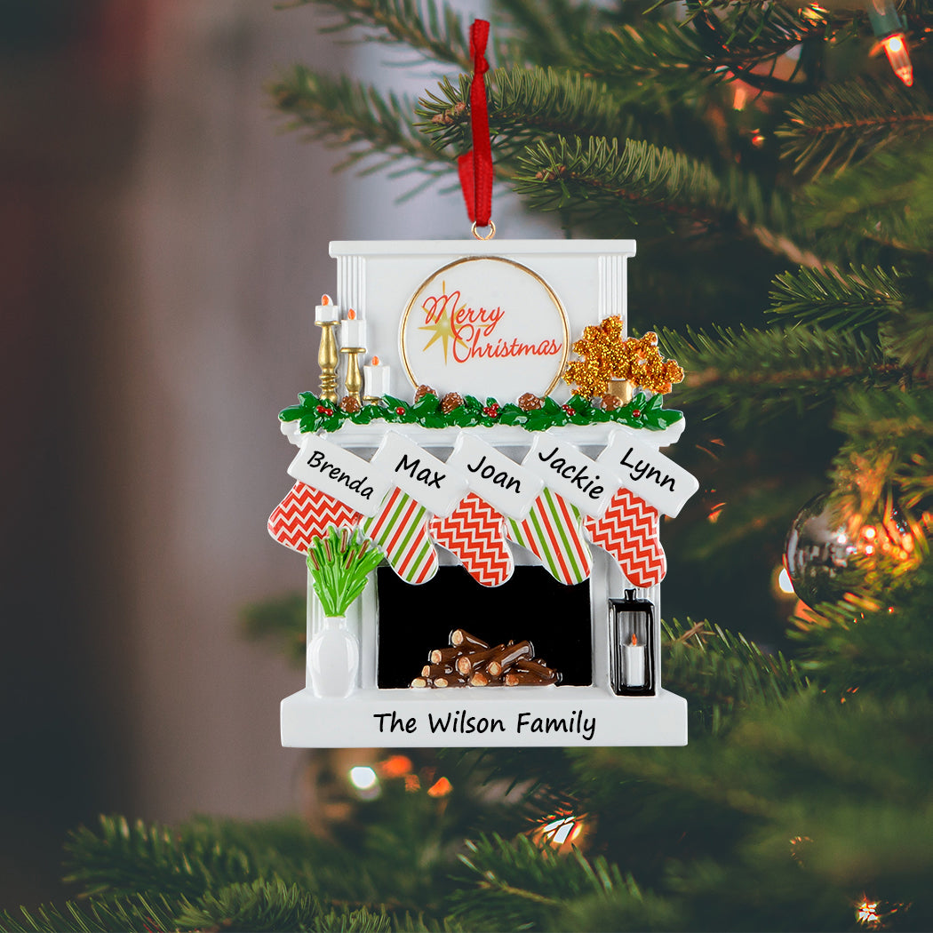 Personalized Candle Fireplace Stocking Family of 5 Christmas Ornament