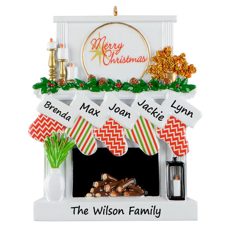 Personalized Candle Fireplace Stocking Family of 5 Christmas Ornament