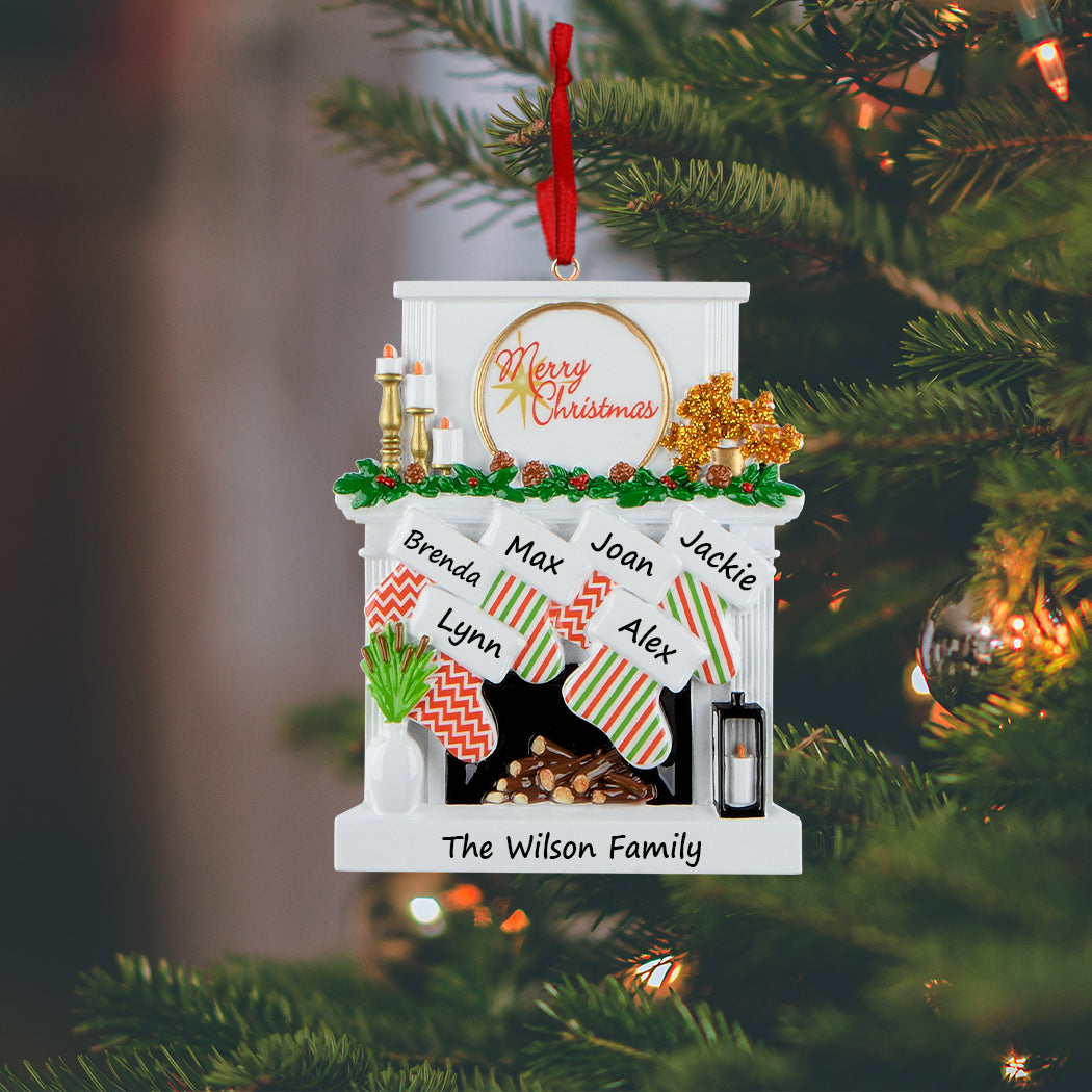 Personalized Candle Fireplace Stocking Family of 6 Christmas Ornament