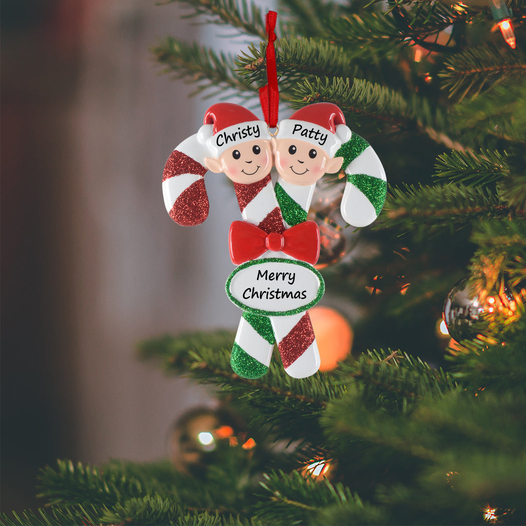 Personalized Candy Cane Elf Family of 2 Christmas Ornament