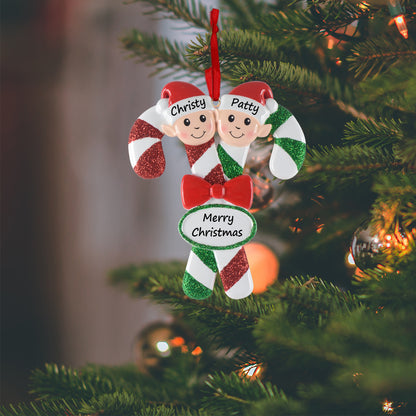 Personalized Candy Cane Elf Family of 2 Christmas Ornament