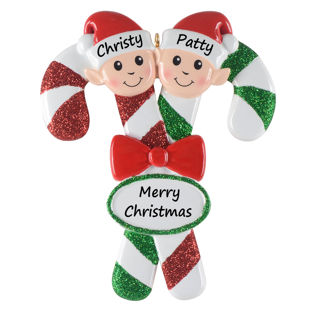 Personalized Candy Cane Elf Family of 2 Christmas Ornament