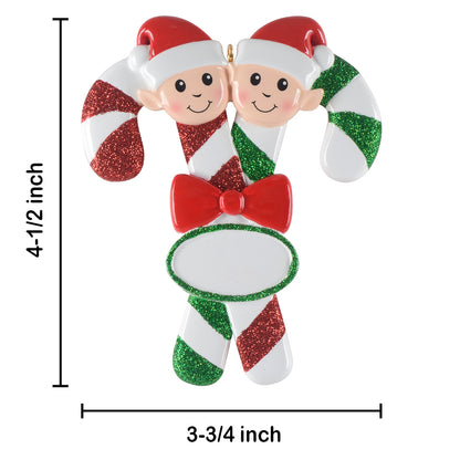 Personalized Candy Cane Elf Family of 2 Christmas Ornament