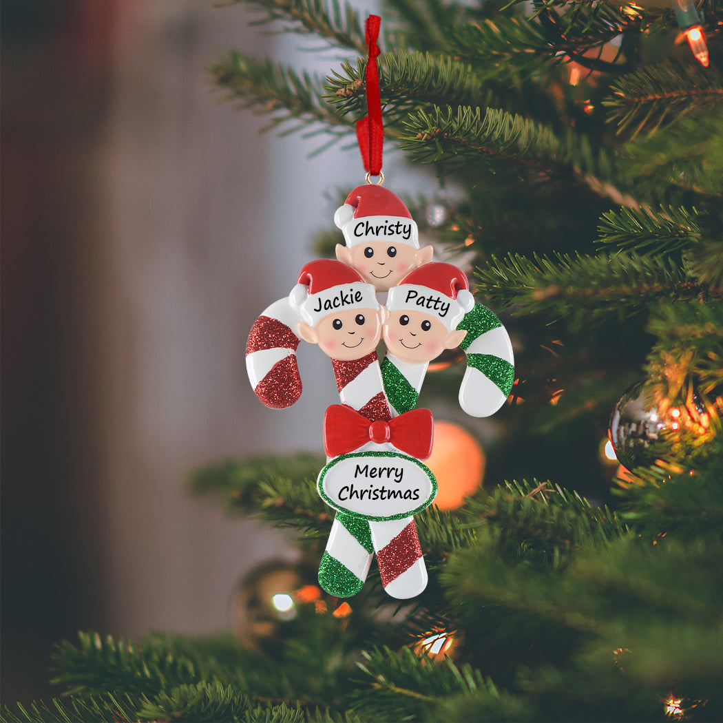 Personalized Candy Cane Elf Family of 3 Christmas Ornament