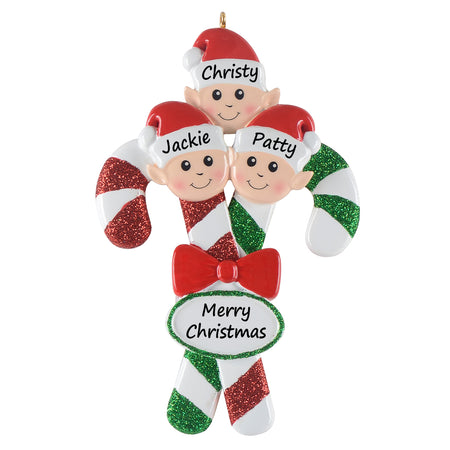 Personalized Candy Cane Elf Family of 3 Christmas Ornament