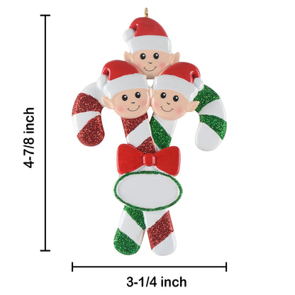 Personalized Candy Cane Elf Family of 3 Christmas Ornament