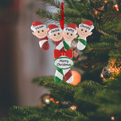 Personalized Candy Cane Elf Family of 4 Christmas Ornament