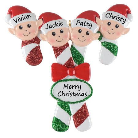 Personalized Candy Cane Elf Family of 4 Christmas Ornament