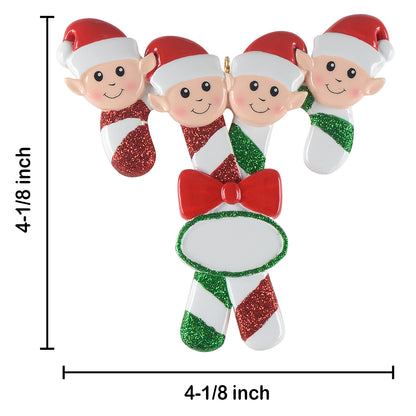Personalized Candy Cane Elf Family of 4 Christmas Ornament