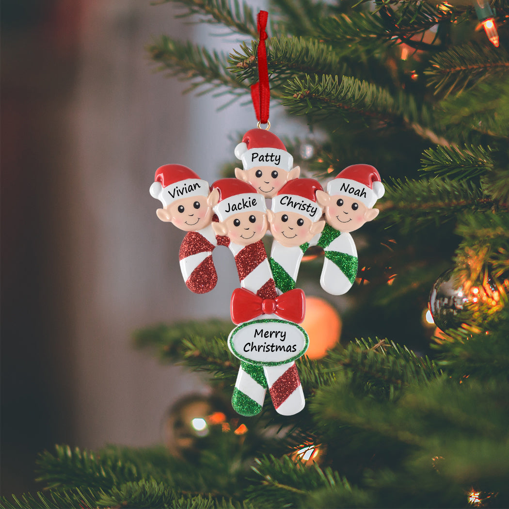 Personalized Candy Cane Elf Family of 5 Christmas Ornament