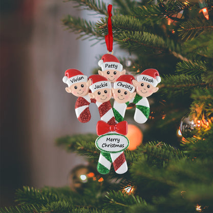 Personalized Candy Cane Elf Family of 5 Christmas Ornament