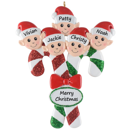Personalized Candy Cane Elf Family of 5 Christmas Ornament