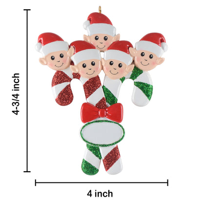 Personalized Candy Cane Elf Family of 5 Christmas Ornament