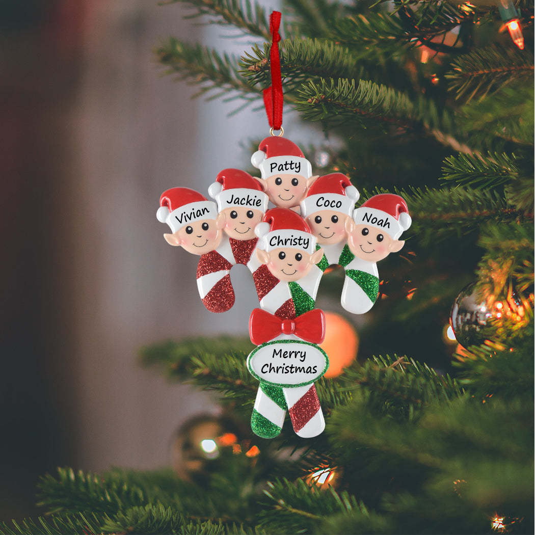 Personalized Candy Cane Elf Family of 6 Christmas Ornament