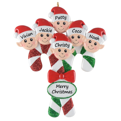 Personalized Candy Cane Elf Family of 6 Christmas Ornament