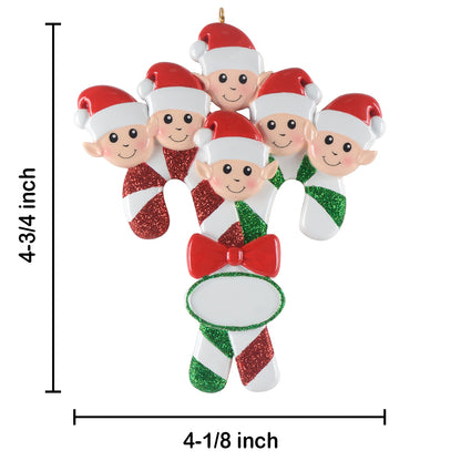 Personalized Candy Cane Elf Family of 6 Christmas Ornament