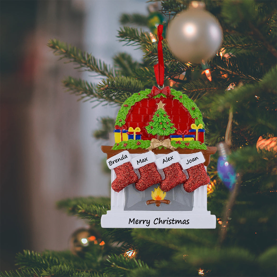 Personalized Classic Fireplace Stocking Family of 4 Christmas Ornament