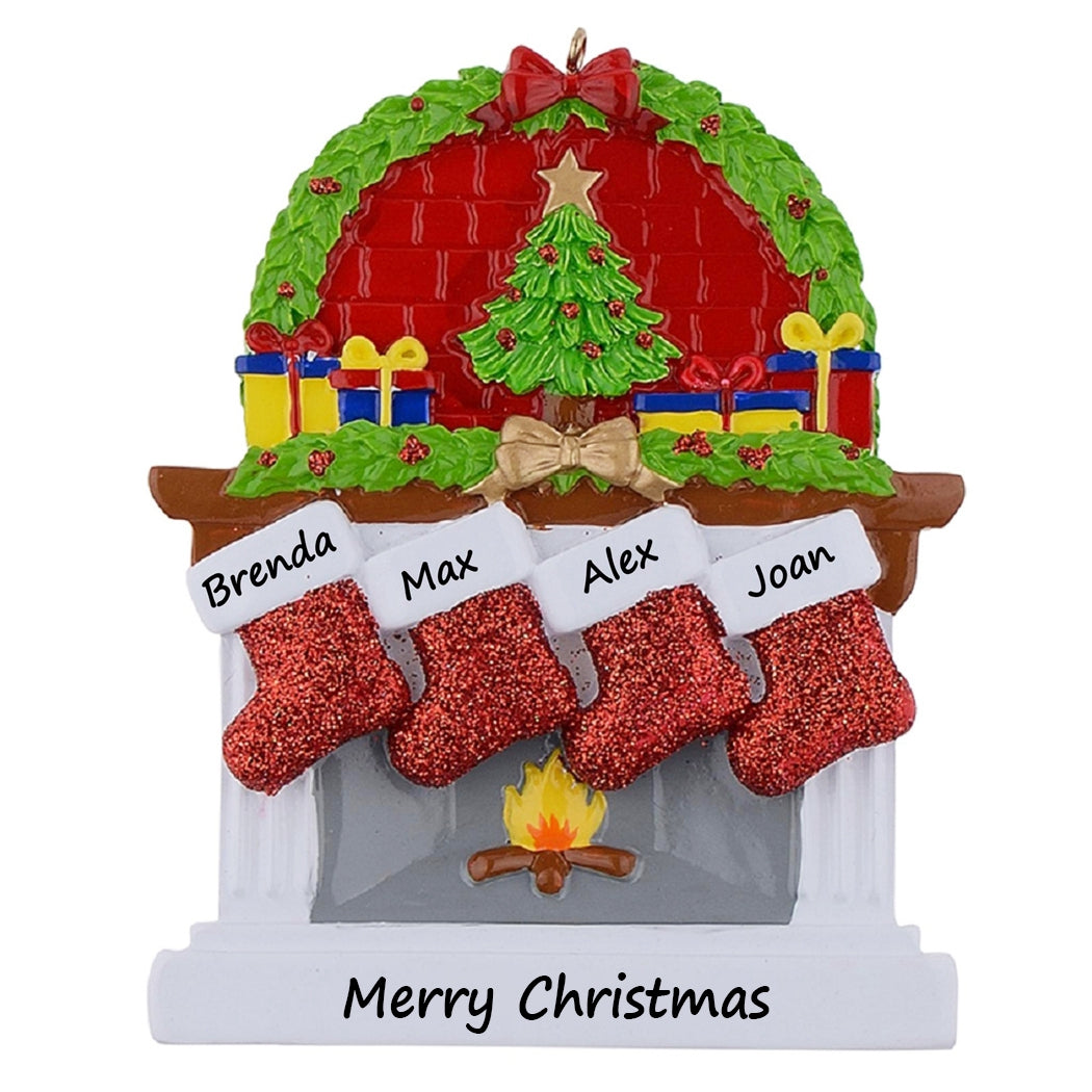 Personalized Classic Fireplace Stocking Family of 4 Christmas Ornament