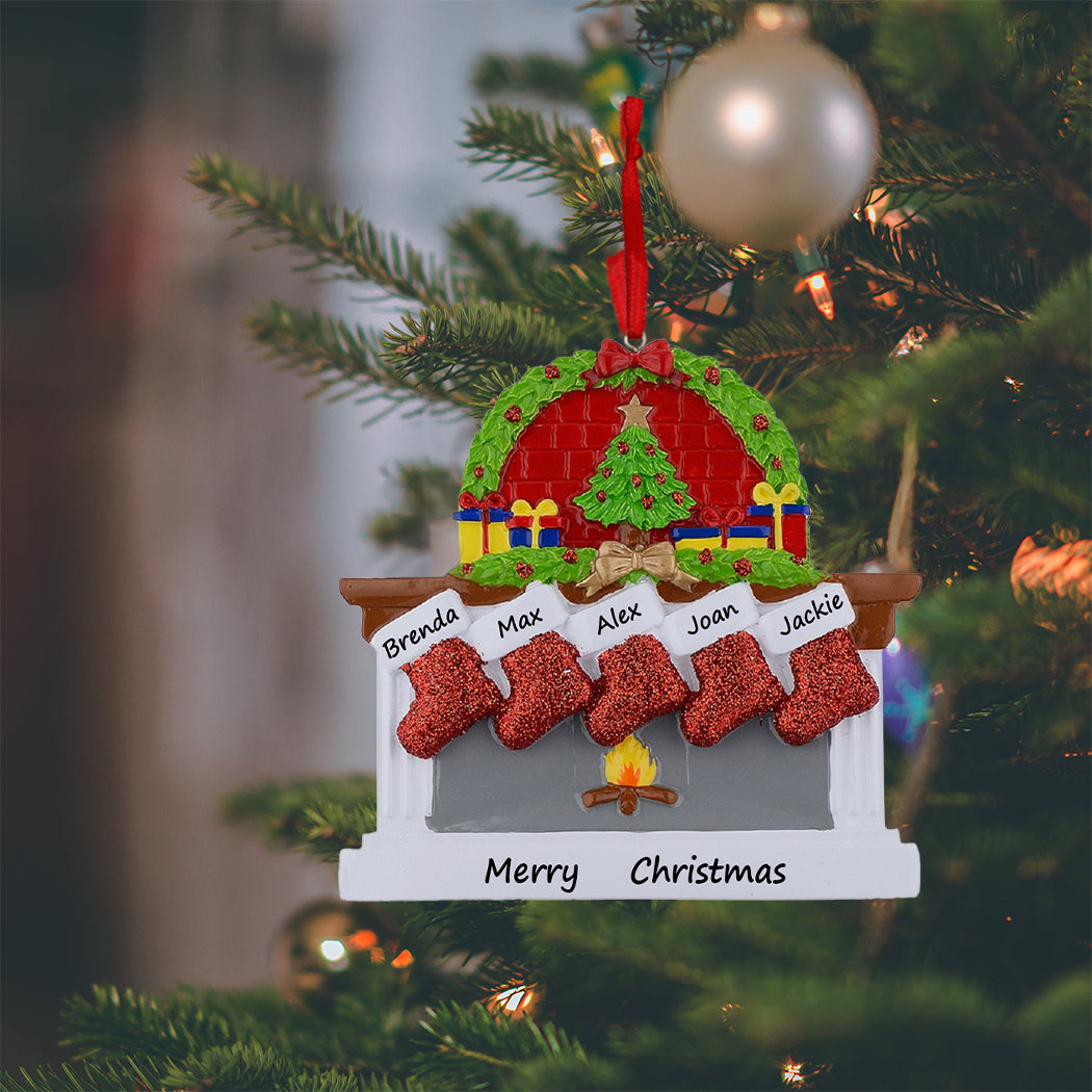 Personalized Classic Fireplace Stocking Family of 5 Christmas Ornament