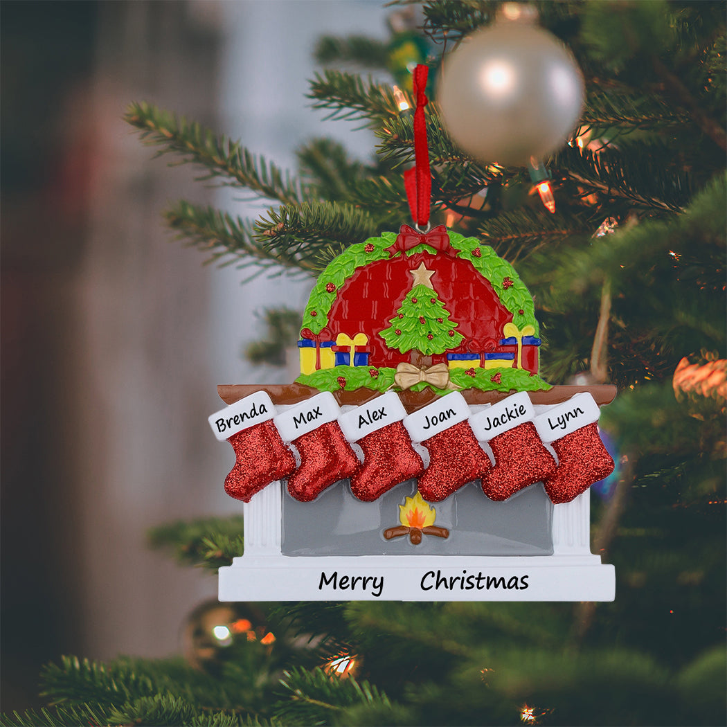 Personalized Classic Fireplace Stocking Family of 6 Christmas Ornament