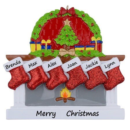 Personalized Classic Fireplace Stocking Family of 6 Christmas Ornament