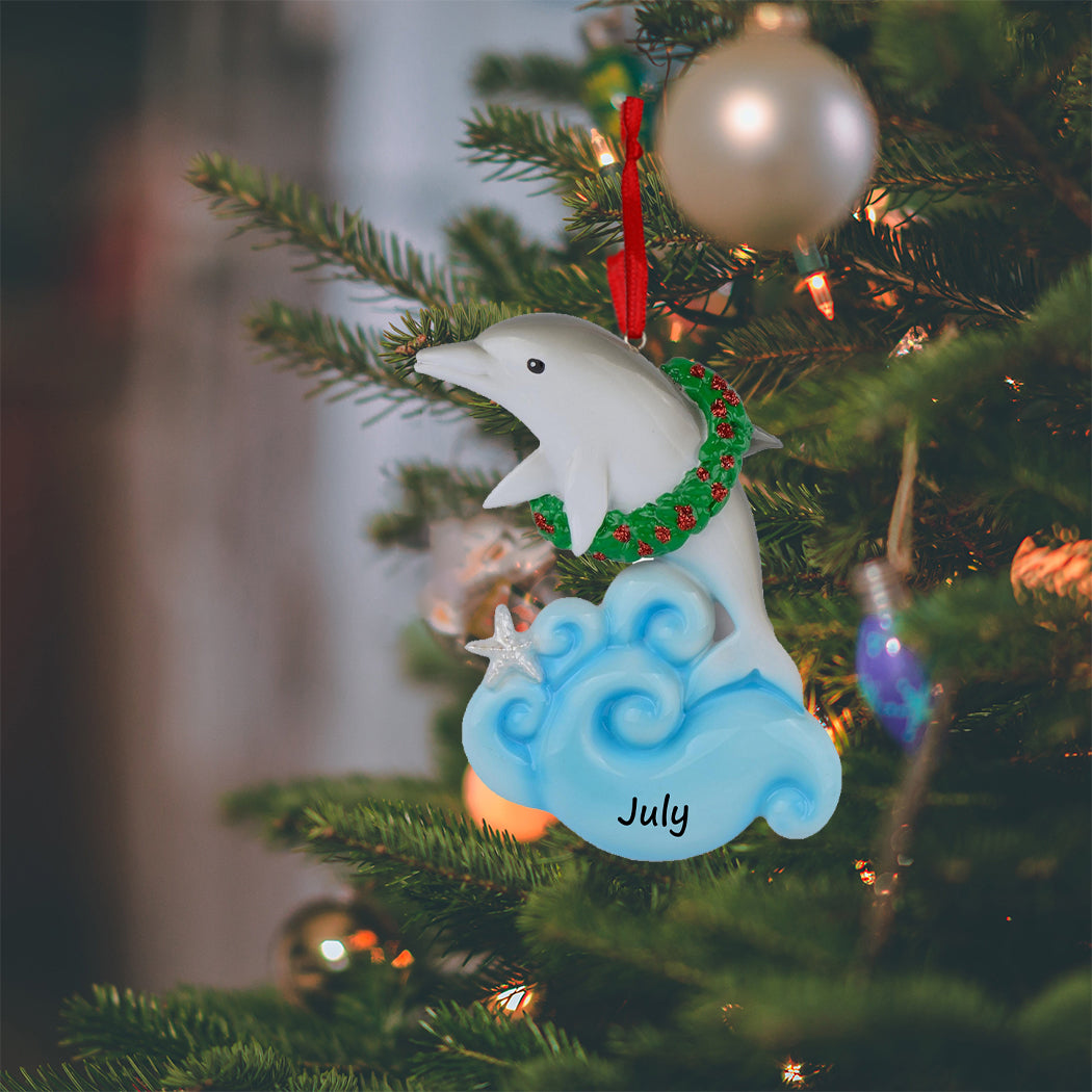 Personalized Dolphin Christmas Ornament with Wreath– Ocean Animal Keepsake Ornament