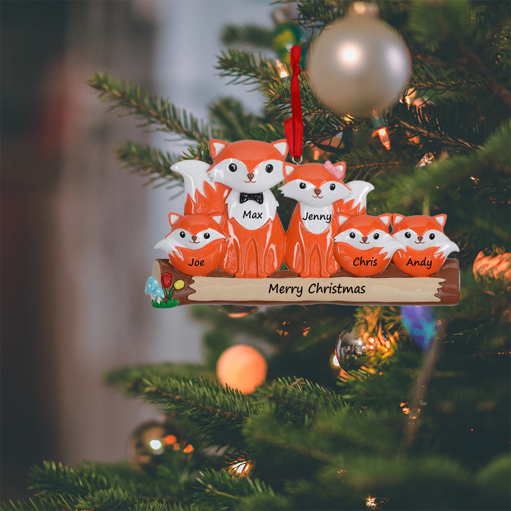 Personalized Fox Family of 5 Ornament
