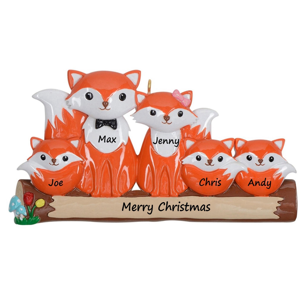 Personalized Fox Family of 5 Ornament