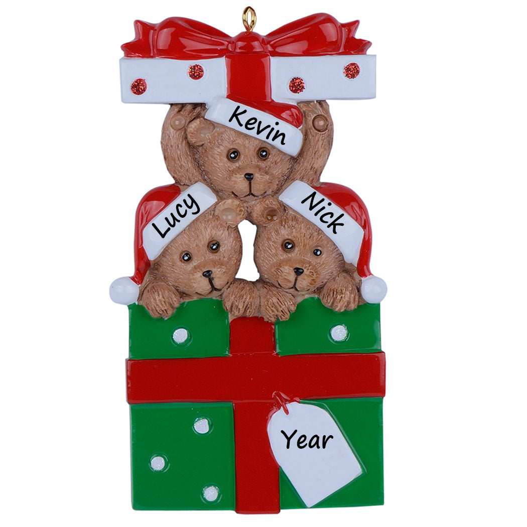 Personalized Gift Box Bear Family of 3 Christmas Ornament