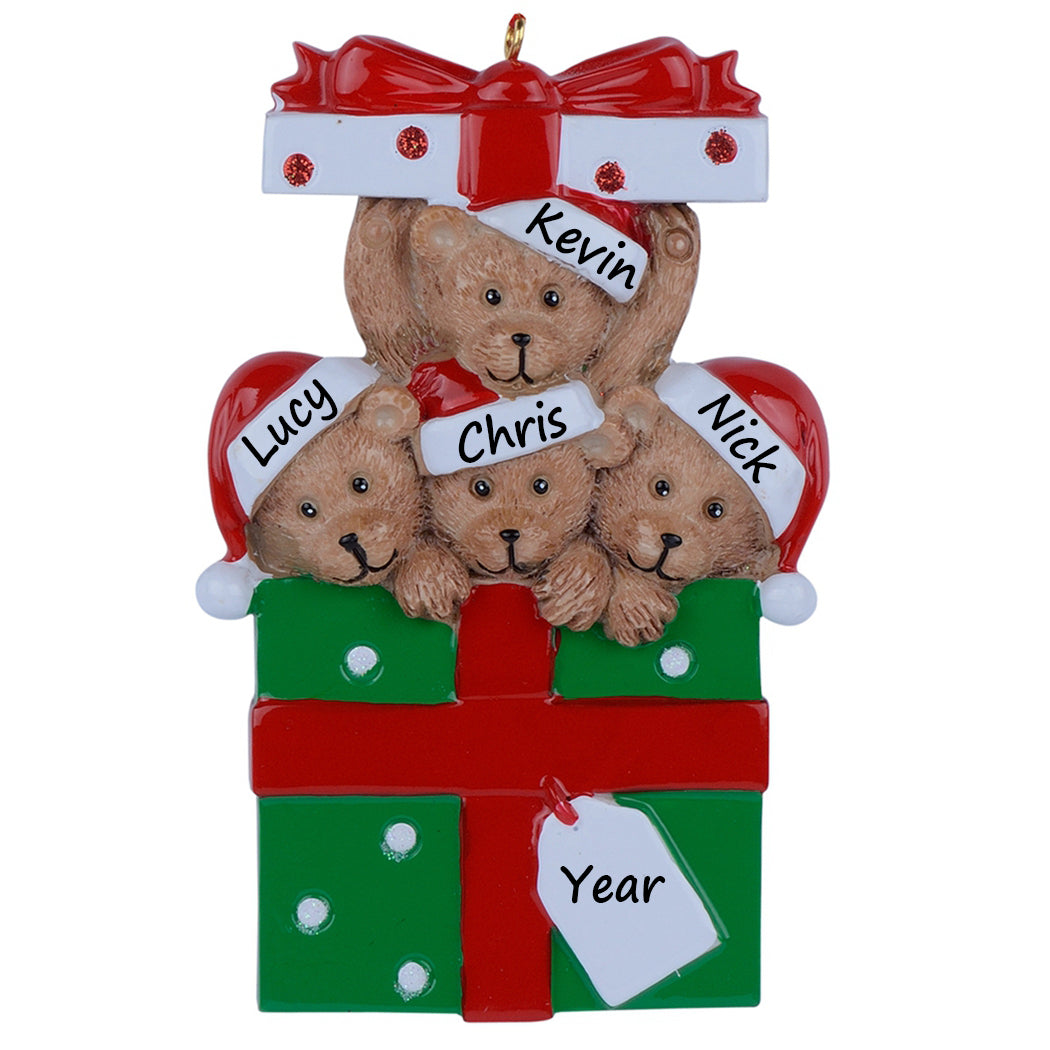 Personalized Gift Box Bear Family of 4 Christmas Ornament