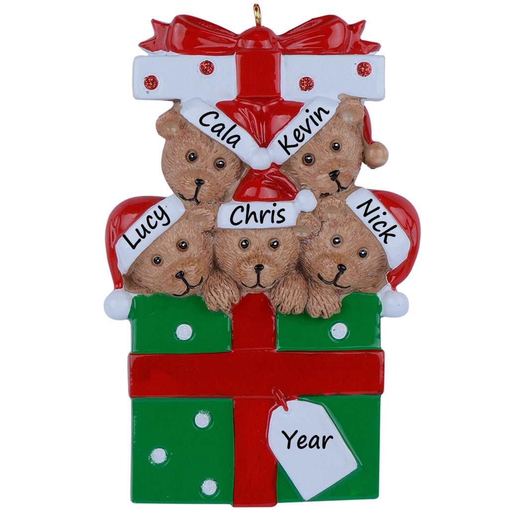 Personalized Gift Box Bear Family of 5 Christmas Ornament