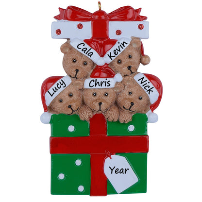 Personalized Gift Box Bear Family of 5 Christmas Ornament